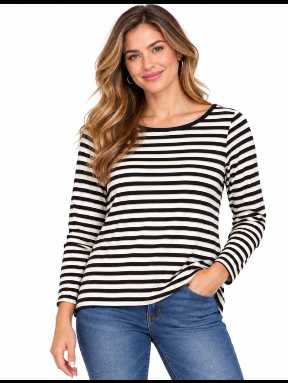 Talbots Black Gold Metallic Striped Pima Cotton Long Sleeve Tee Sz Med